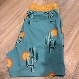 Men's Cactus Print Swim Trunks - Teal and Orange